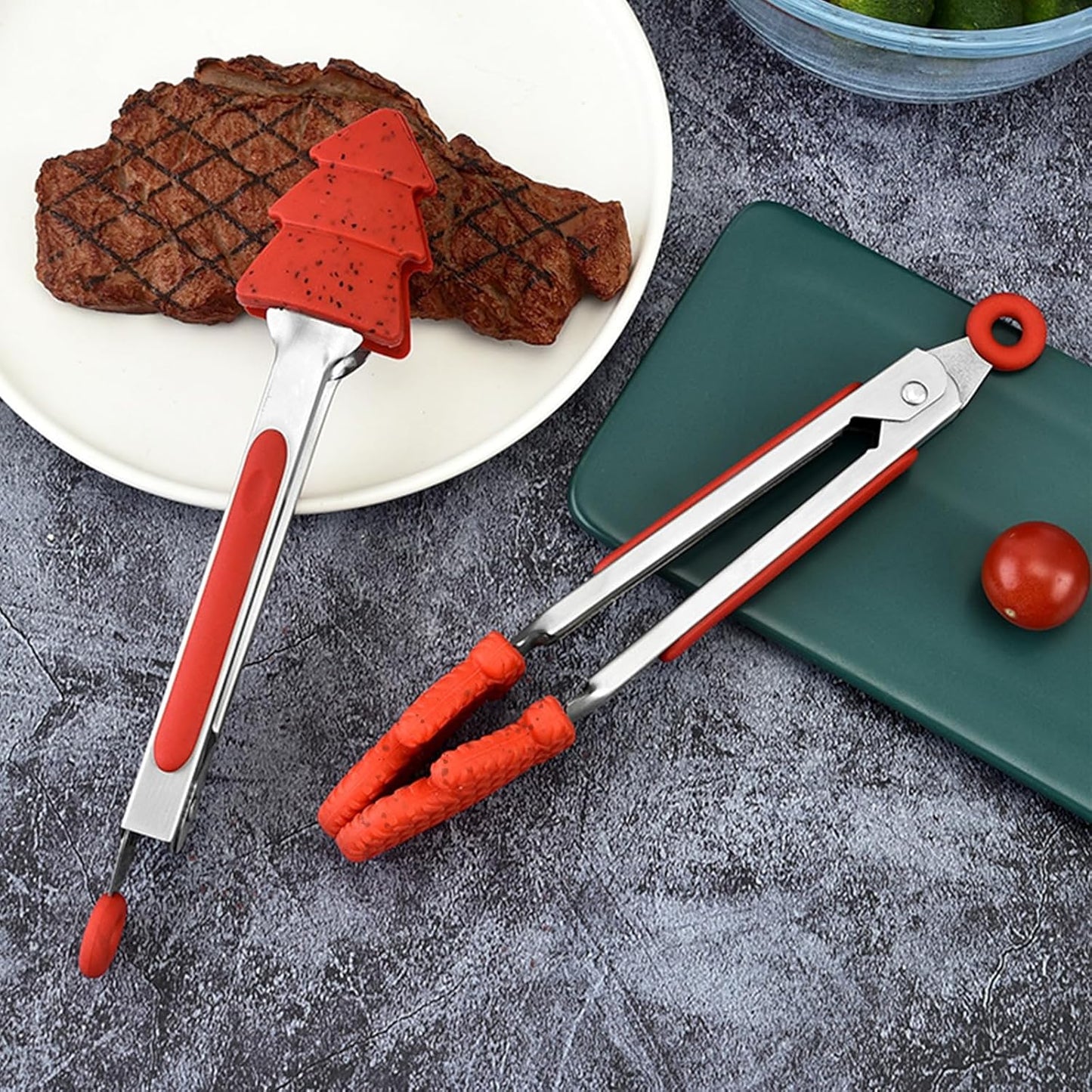 Christmas Kitchen Tongs, 2 Pack 10" Professional Stainless Steel Metal Tongs – Heat-Resistant for Grilling, BBQ, Serving Salad, Pasta, and Kitchen Use, Dishwasher Safe, Red