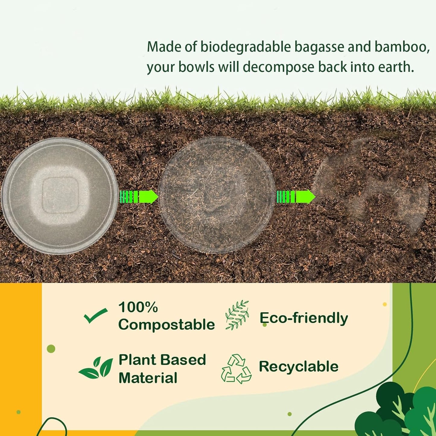 48 Oz Disposable Bowls - Heavy Duty and Compostable Bowl - Made from Sugarcane and Bamboo Fibers, Microwave Safe - Large Paper Bowl for Soup, Salad, Ramen, Popcorn, Etc. [50 Pack]