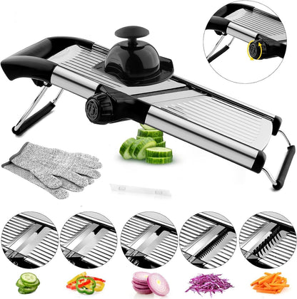 Mandoline Slicer, Mandoline Slicer for Kitchen, Adjustable Mandolin, Stainless Steel Mandoline, Vegetable Slicer, Potato, Onion, Cucumber, Tomato, Veggie Slicer with Cut-Resistant Gloves