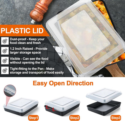 Toaster Oven Pan with Lid, Nonstick Cake Lasagna Pan Rectangular Tray for Baking Roasting Storing, Stainless Steel Core & Plastic Cover, Oven & Freezer Safe, (10.5 Inch, 2Pcs)