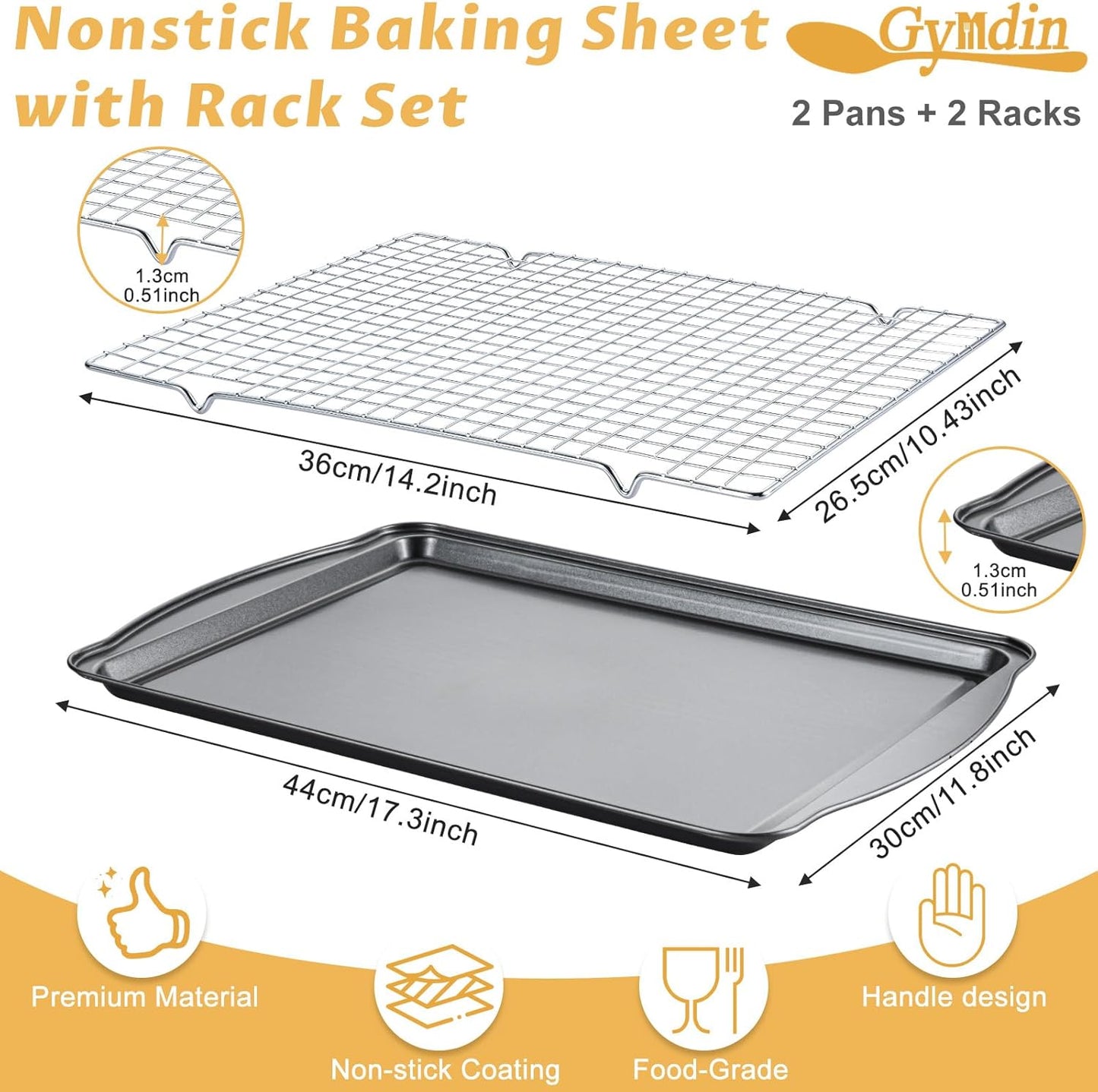 Baking Sheet with Cooling Racks - Carbon Steel Cookie Sheets for Baking [2 Sheets + 2 Racks], Nonstick Baking Pans, Perfect for Baking, Roasting, and More, Size 17 X 11 X 0.5 Inches