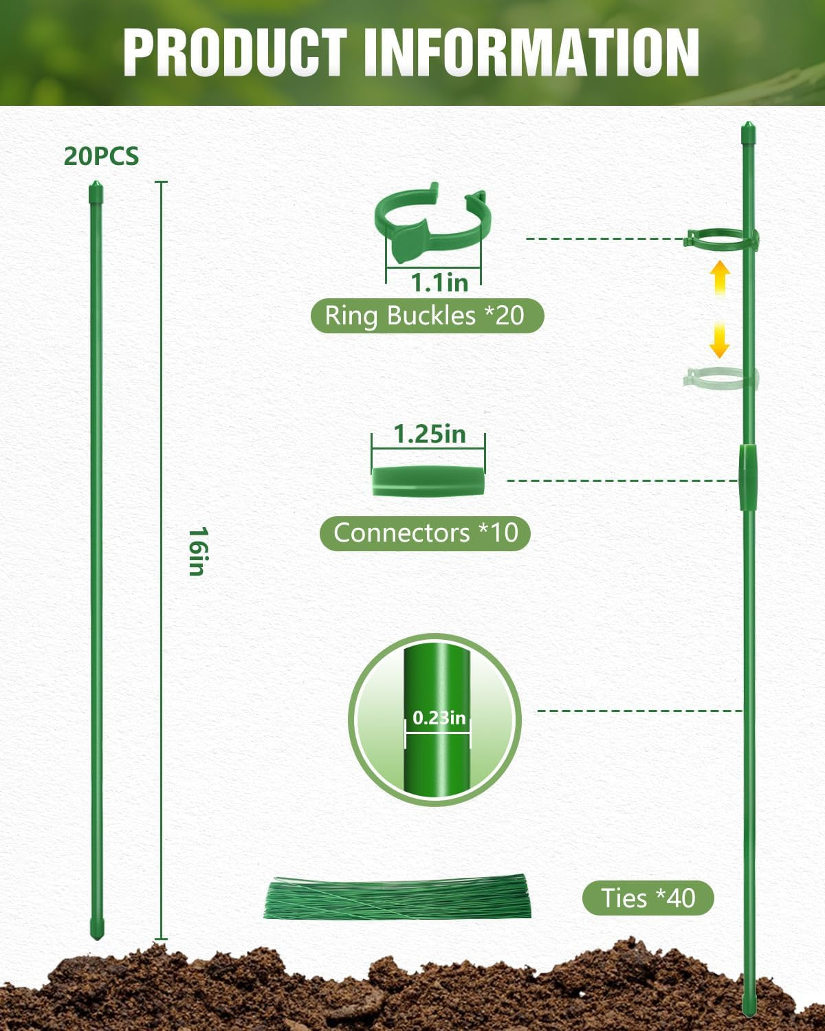 20 Pack Plant Stakes for Indoor Plants, 16 Inch Garden Stakes, Adjustable Plant Support Sticks for Tall Plants as Tomatoes Beans Orchid Vegetable