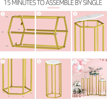 Cylinder Stands for Party, Set of 3 Gold Metal Hexagon Pedestal Stand with Marbled Countertop, Cake Flower Plant Pedestal Stands for Display Parties Wedding Birthday Decor, 3PCS, Gold