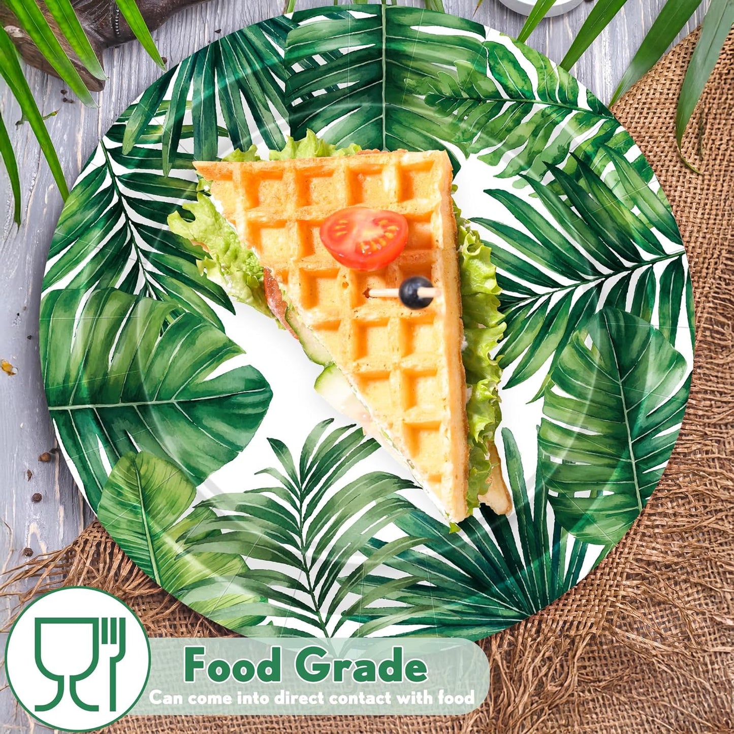 24 Sets Hawaiian Luau Party Decorations, Tropical Palm Leaf Disposable Tableware Set, 7 and 9 in round Paper Plates for Summer Themed Events Aloha Birthday Party Supplies, Serves 24