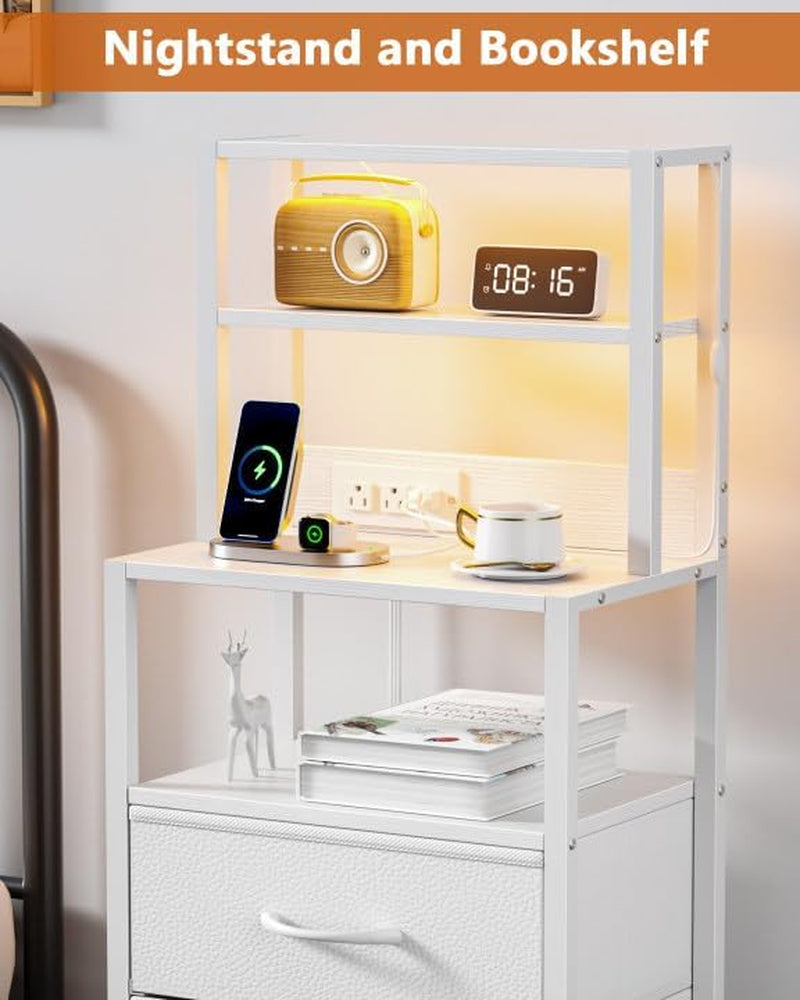 Elegant Bedside Nightstand with 4-Tier Shelving, 3 Fabric Drawers, LED Lighting, and Integrated Charging Station - Versatile Tall Table for Bedroom, Hallway, or Office in White