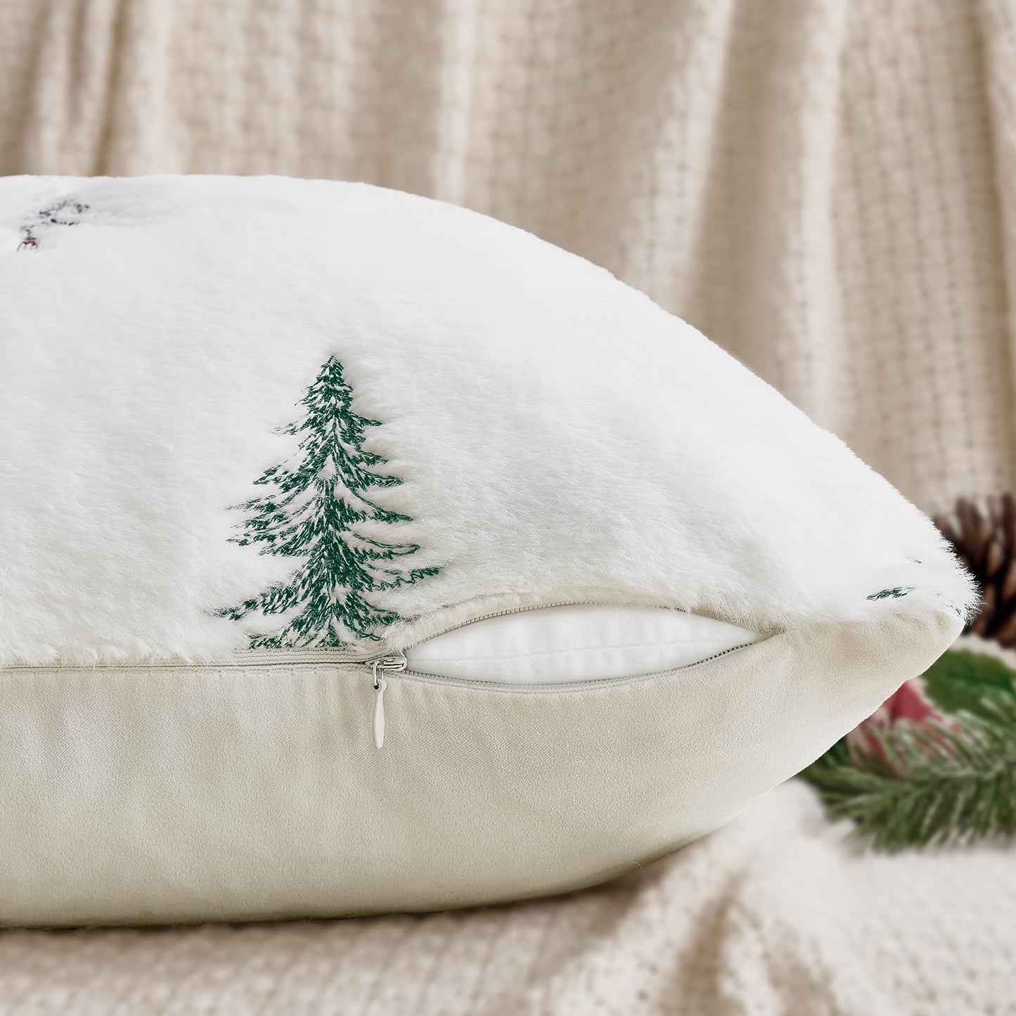 Christmas Decorative Pillow Covers Set of 2 Faux Fur Throw Pillows with Embroidered Christmas Tree 18X18 Inch White Green Winter Couch Covers for Festival Sofa Bedroom Living Room Home Decor