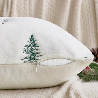 Christmas Decorative Pillow Covers Set of 2 Faux Fur Throw Pillows with Embroidered Christmas Tree 18X18 Inch White Green Winter Couch Covers for Festival Sofa Bedroom Living Room Home Decor
