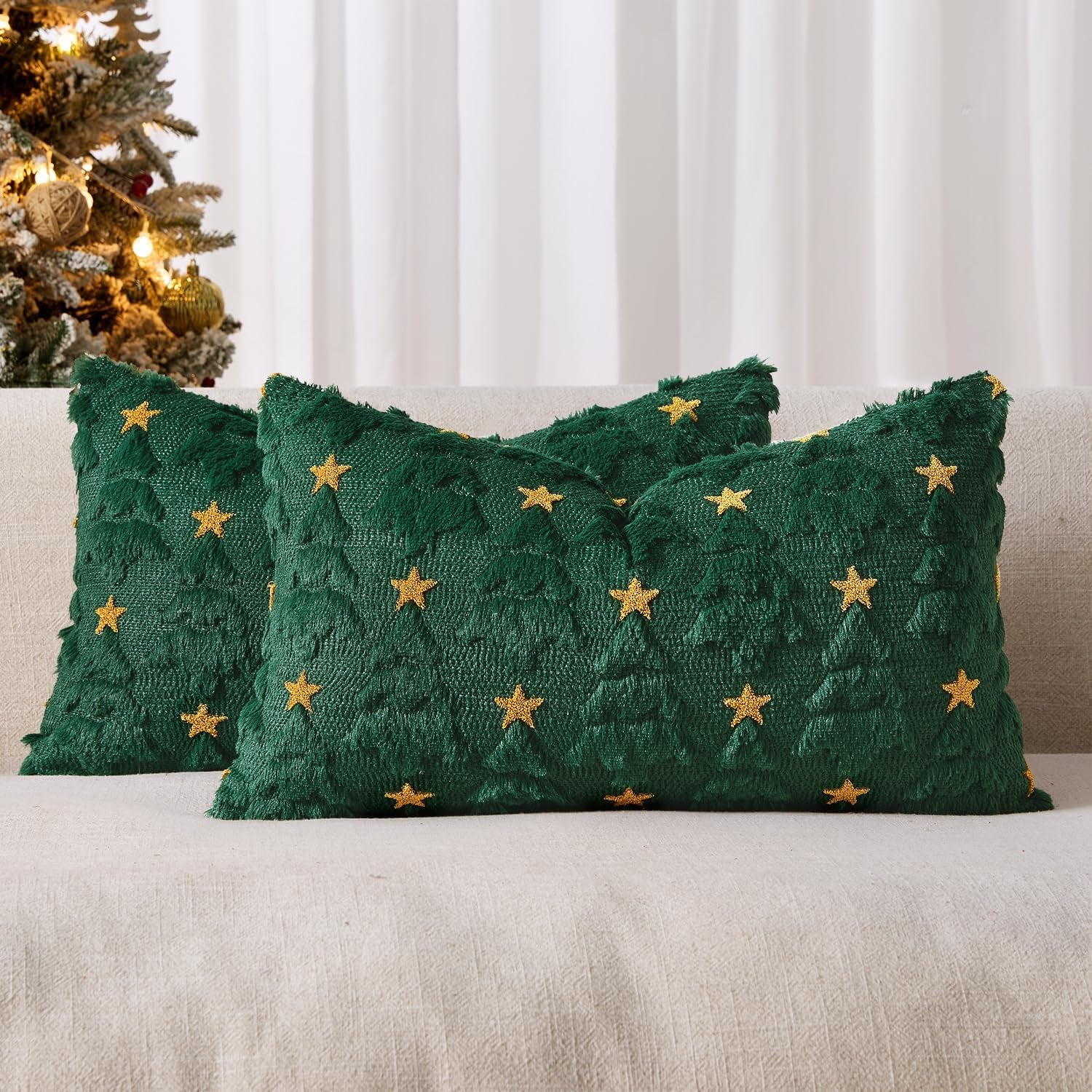 Christmas Pillow Covers 12X20 Inch Set of 2, Dark Green Christmas Tree Plush Faux Fur Pillowcases Soft Decorative Throw Pillow Cases for Couch Sofa Living Room Winter Xmas Holiday Home Decor