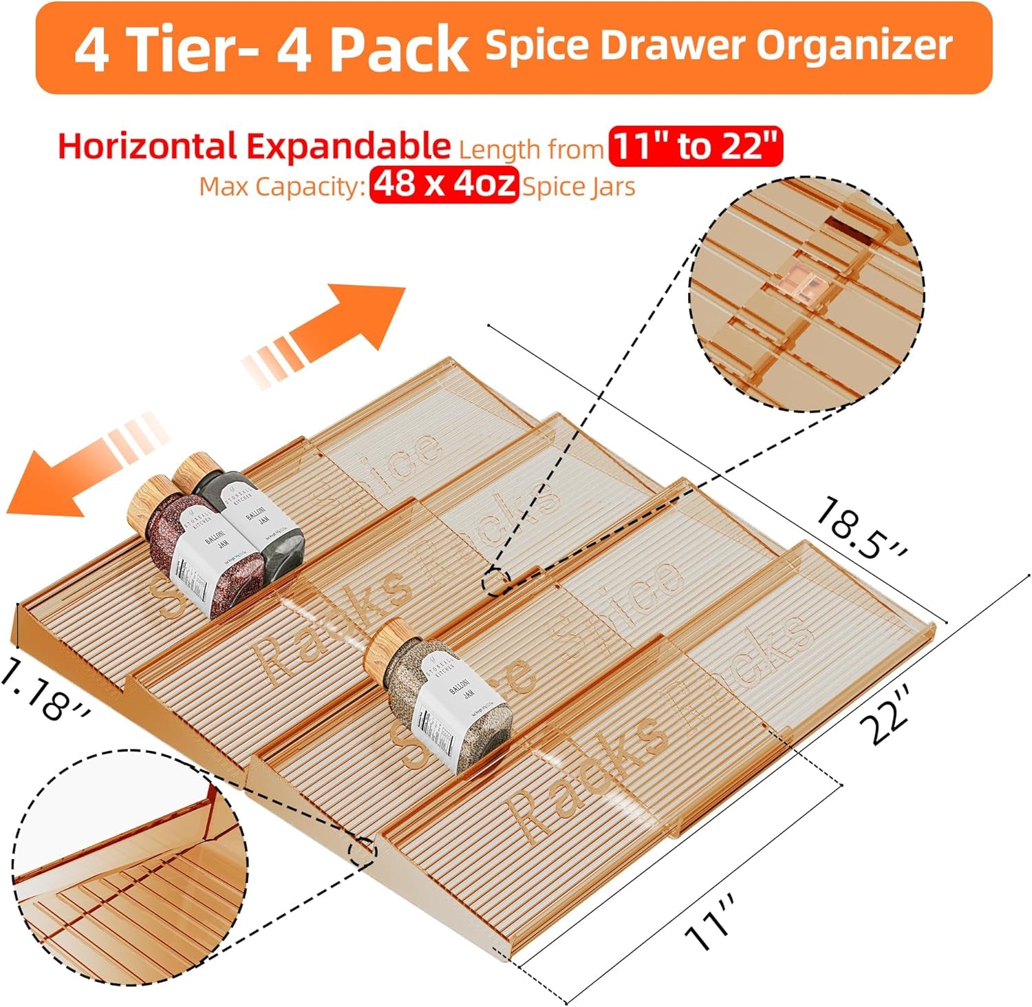Spice Drawer Organizer, 4 Tier- 4 Pack Amber Acrylic Drawer Seasoning Organizer, Expandable from 11'' to 22'' Kitchen Spice Rack Organizers and Storage for Drawer (Jars Not Included)