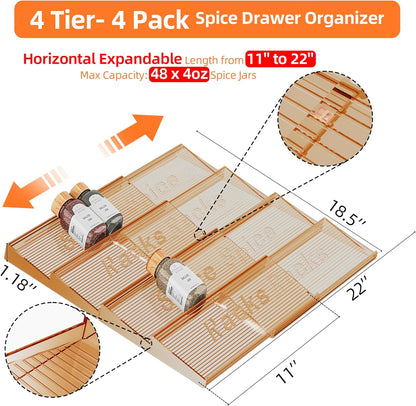 Spice Drawer Organizer, 4 Tier- 4 Pack Amber Acrylic Drawer Seasoning Organizer, Expandable from 11'' to 22'' Kitchen Spice Rack Organizers and Storage for Drawer (Jars Not Included)