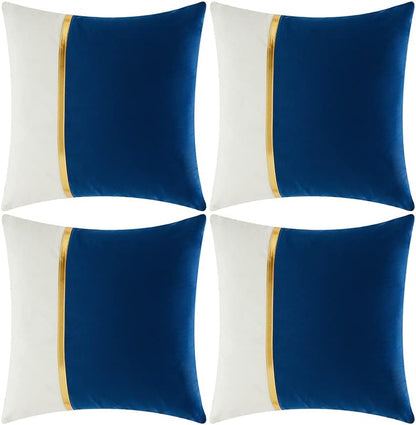 4 Packs Blue Decorative Throw Pillow Covers 16X16 Inch for Living Room Couch Bed, Royal Blue and White Velvet Patchwork with Gold Leather, Luxury Home Decor Square Cushion Case 40X40 Cm