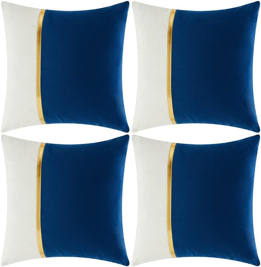 4 Packs Blue Decorative Throw Pillow Covers 16X16 Inch for Living Room Couch Bed, Royal Blue and White Velvet Patchwork with Gold Leather, Luxury Home Decor Square Cushion Case 40X40 Cm