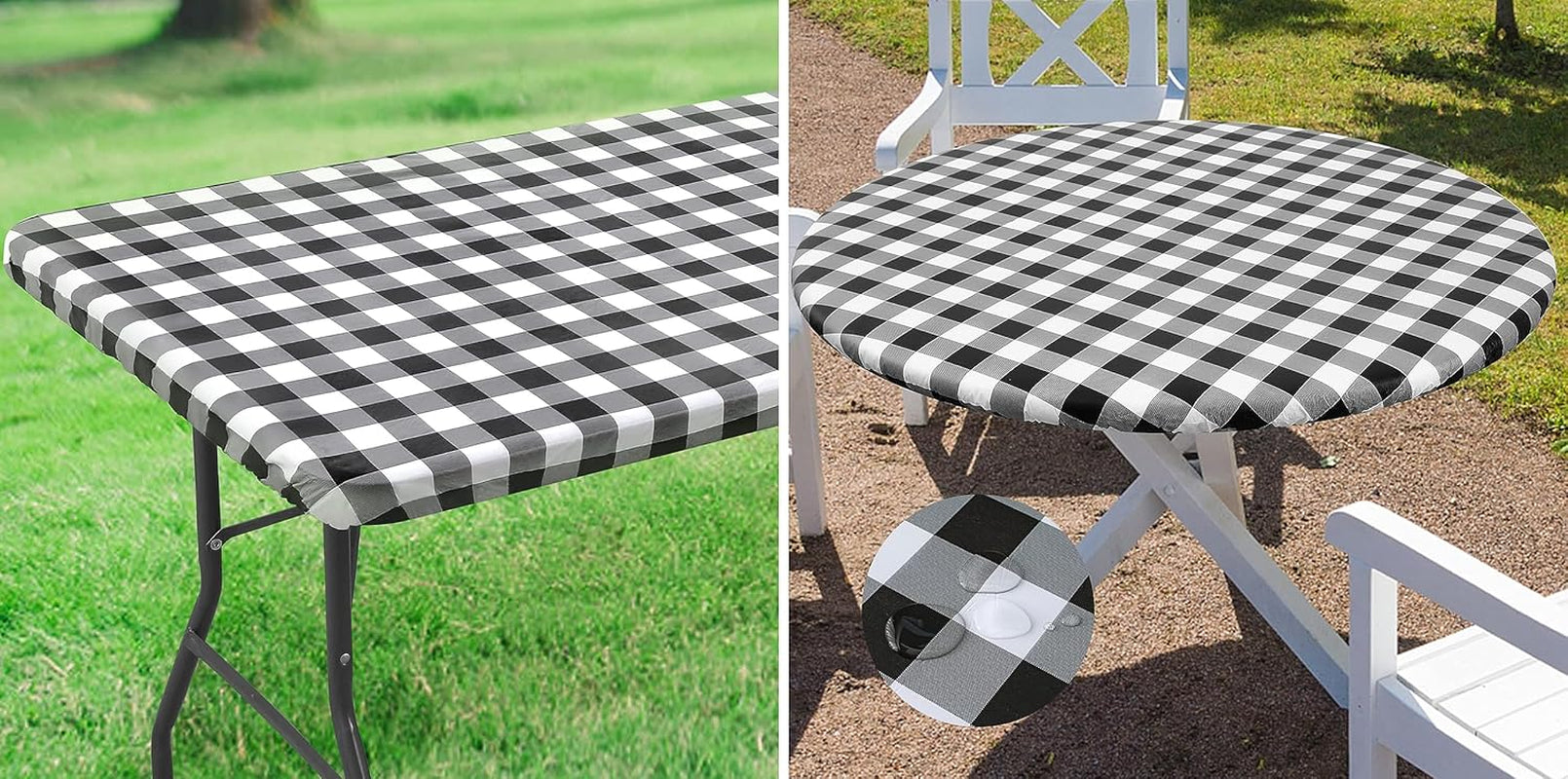 Waterproof Fitted Vinyl Tablecloth, 6FT Table Cover and round 36"-44" in Black and White, 2 Item Bundle