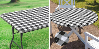 Waterproof Fitted Vinyl Tablecloth, 6FT Table Cover and round 36"-44" in Black and White, 2 Item Bundle