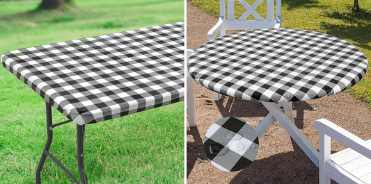 Waterproof Fitted Vinyl Tablecloth, 6FT Table Cover and round 36"-44" in Black and White, 2 Item Bundle