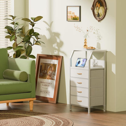 Elegant Nightstand with Integrated Charging Station, Versatile Dresser Featuring PVC and Fabric Drawers, 33.3-Inch Side Table with Open Shelf, Ideal for Bedroom, Closet, and Entryway Use, White Finish
