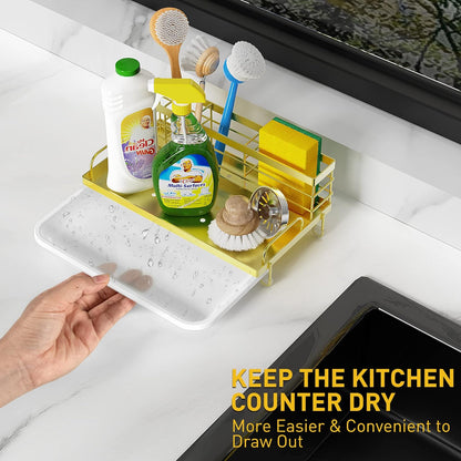 Gold Kitchen Sink Caddy Organizer, Rustproof Sponge Holder, Non-Slip Soap Dish Dispenser Brush Storage, Home & Kitchen Essentials Accessories