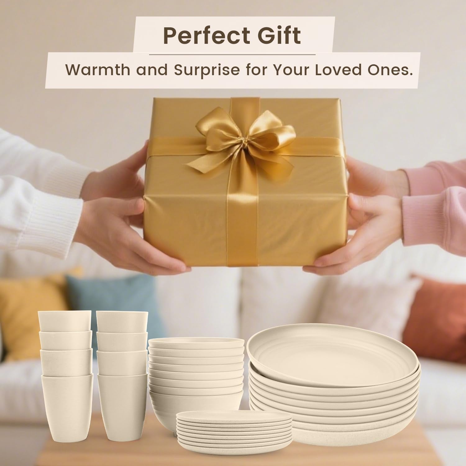 32-Piece Eco-Friendly Wheat Straw Dinnerware Set for 8 - Reusable Plates and Bowls, Suitable for Camping and Picnics, Microwave and Dishwasher Safe - Beige