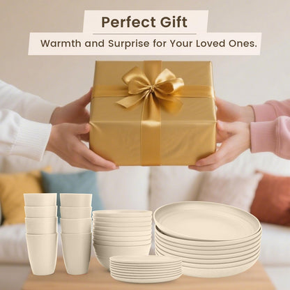 32-Piece Eco-Friendly Wheat Straw Dinnerware Set for 8 - Reusable Plates and Bowls, Suitable for Camping and Picnics, Microwave and Dishwasher Safe - Beige