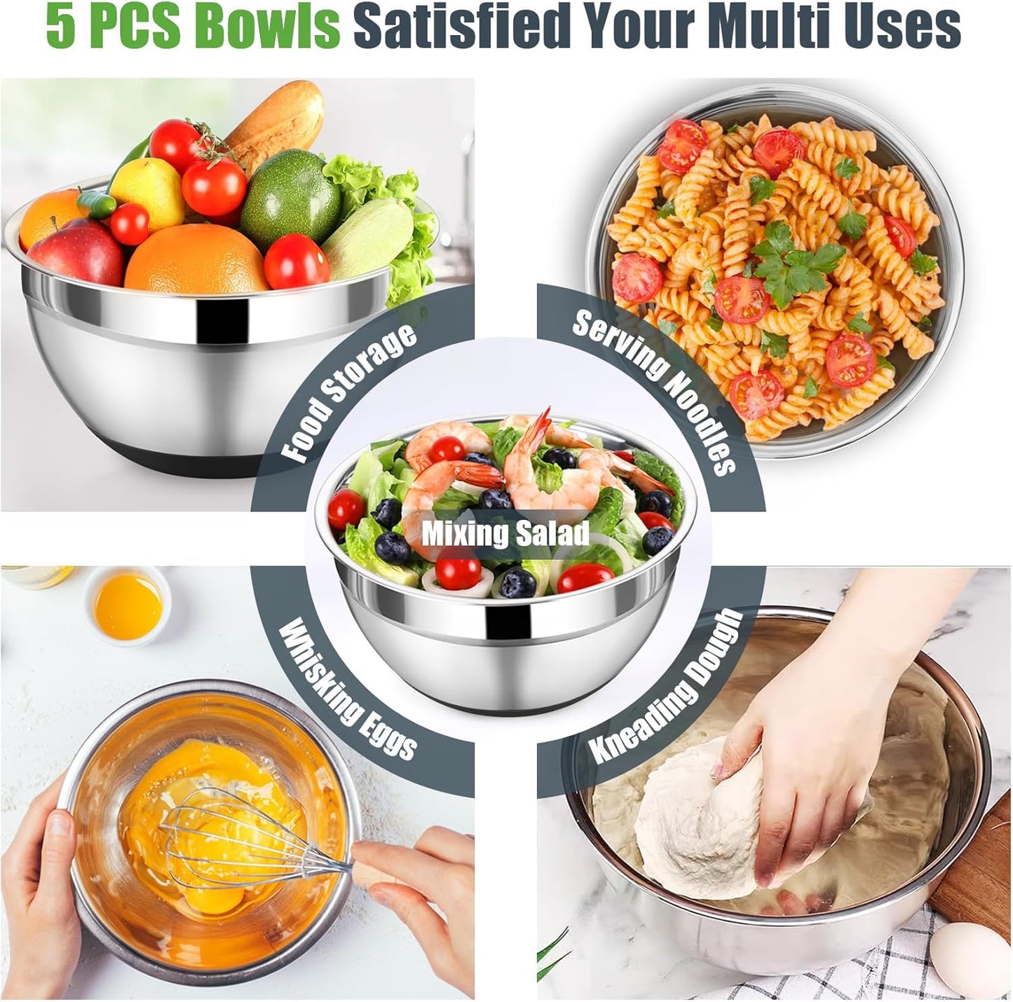 Mixing Bowl with Lid Set, 5 Piece Stainless Steel Mixing Nesting Bowls for Salad Storage, 3 Grater Attachments & Non-Slip Bottoms, Size 1/1.5/2 / 2.6/4.6 QT, Black