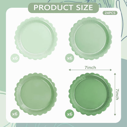 24 Pcs Sage Green Paper Plates Gradient Green Party Plates 7”Disposable round Dessert Plates for Birthday Wedding Bridal Engagement Baby Shower Party Supplies Dessert Plates Tableware