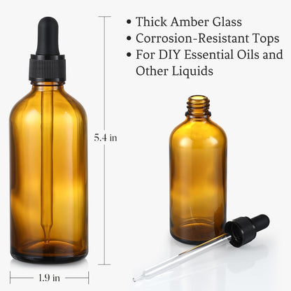 4 Pack, 4 Oz Dropper Bottles with 1 Funnel & 4 Labels - Essential Oils Bottles for Health, Personal Care & Beauty - 120Ml Thick Dark Amber Glass Tincture Bottles with Eye Droppers, Leakproof