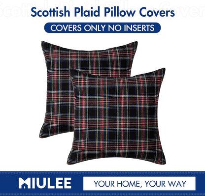 Christmas Set of 2 Scottish Tartan Plaid Throw Pillow Covers Farmhouse Classic Decorative Outdoor Square Cushion Cases for Decor Sofa Couch 18X18 Inch, Dark Blue