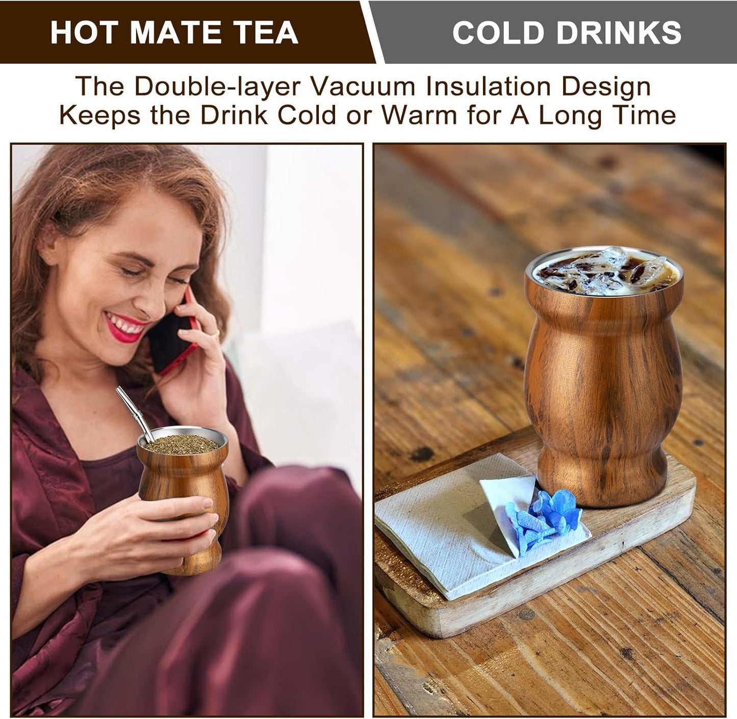 8Oz Yerba Mate Cup, 304 Stainless Steel Double-Wall Mate Cup, Heat Insulation Yerba Mate Gourd, Tea Cup Set Includes Cleaning Brush & 2 Bombillas (Wood)