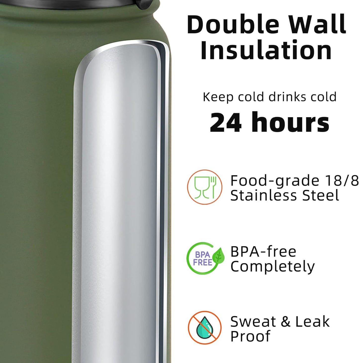 20 Oz Stainless Steel Insulated Sports Water Bottles with Straw for Kids, Men and Women (Olive Green)