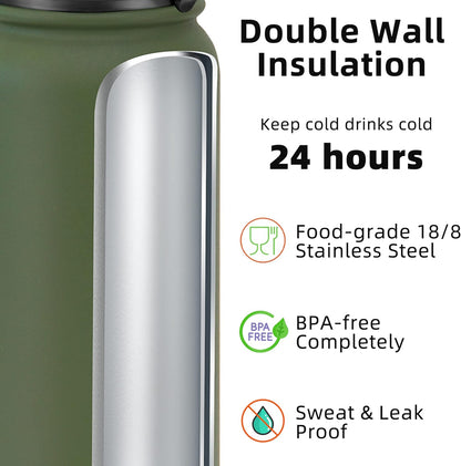 20 Oz Stainless Steel Insulated Sports Water Bottles with Straw for Kids, Men and Women (Olive Green)
