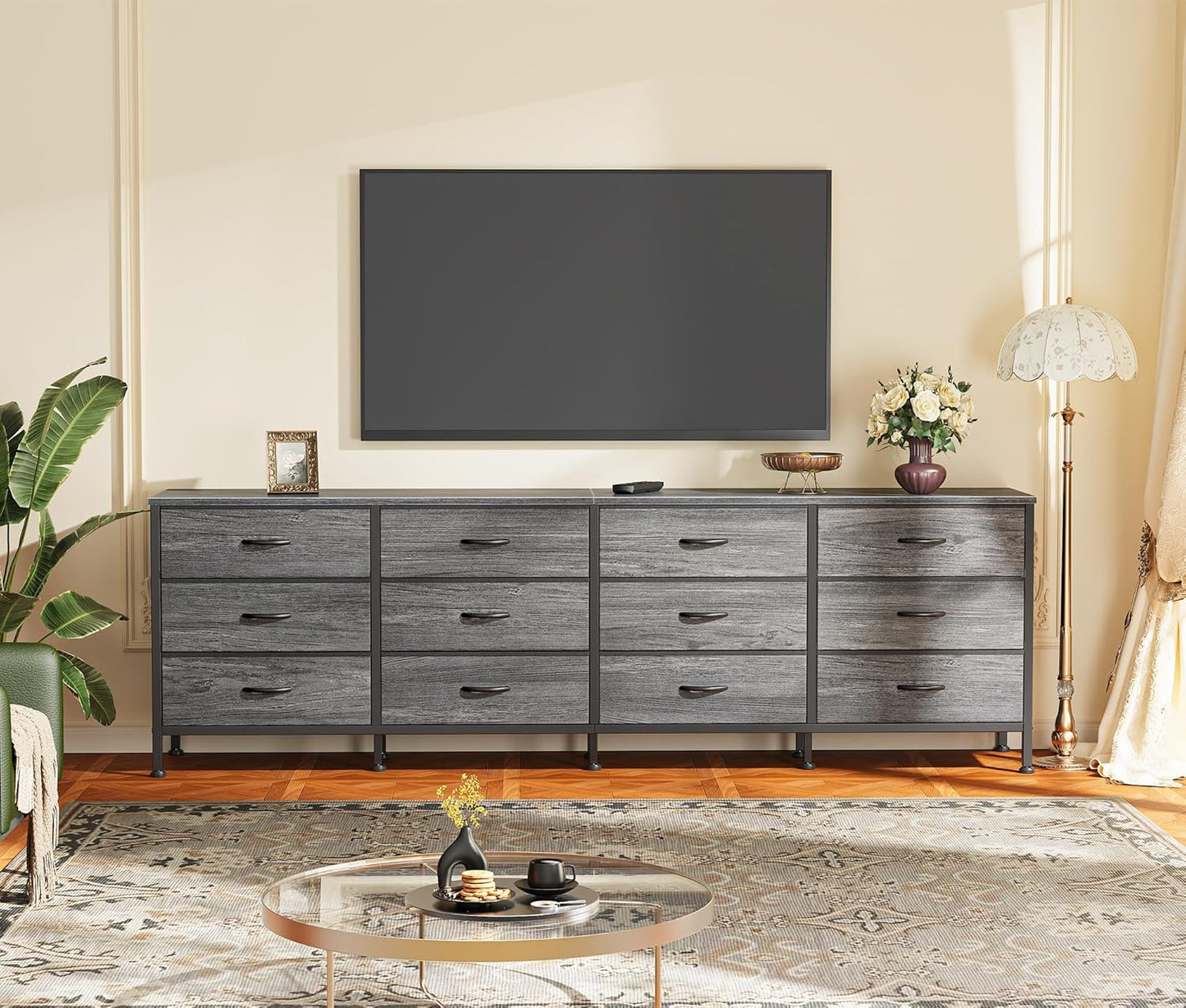 70-Inch Grey Dresser and TV Stand for 65 to 80 Inch TVs with 12 Fabric Drawers, Large Storage Organizer for Bedroom and Living Room