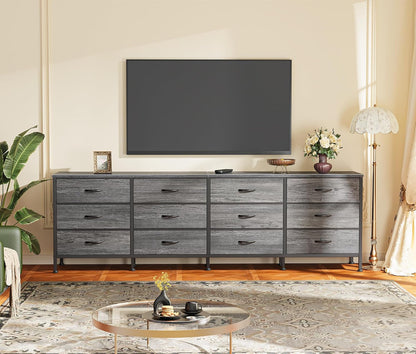 70-Inch Grey Dresser and TV Stand for 65 to 80 Inch TVs with 12 Fabric Drawers, Large Storage Organizer for Bedroom and Living Room