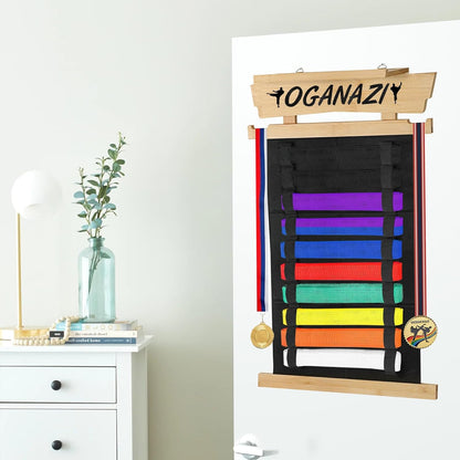 Karate Belt Display Rack with Personalized Stickers - Bamboo Trophy Holder for Taekwondo, BJJ, and Martial Arts Belts