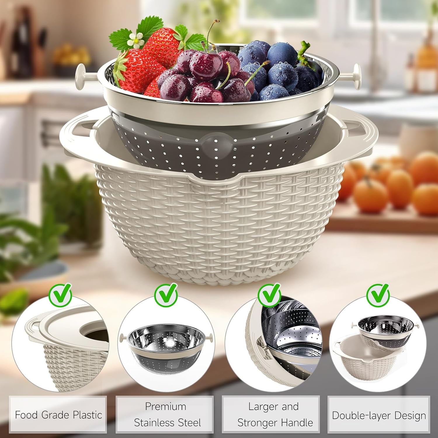 4-in-1 Rotatable Colander and Bowl Set with Measuring Spoons - Aesthetic Food Strainers and Colanders for Kitchen Essentials - Beige