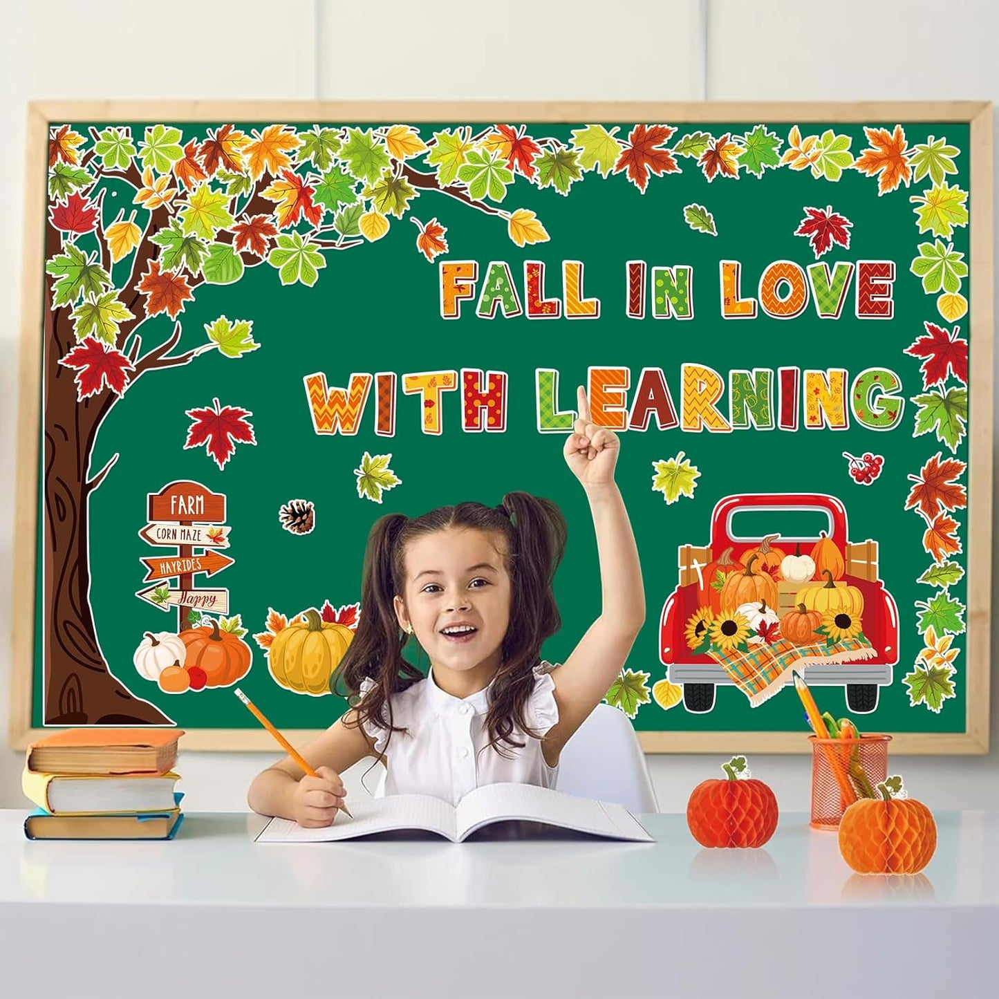 89Pcs Fall in Love with Learning Bulletin Board Decorations Set Fall Tree Pumpkin Maple Leaves Cutouts with Glue Points for Thanksgiving Autumn Home School Classroom Wall Chalkboard Decor