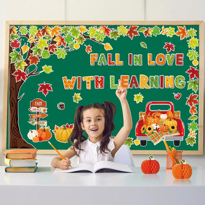 89Pcs Fall in Love with Learning Bulletin Board Decorations Set Fall Tree Pumpkin Maple Leaves Cutouts with Glue Points for Thanksgiving Autumn Home School Classroom Wall Chalkboard Decor