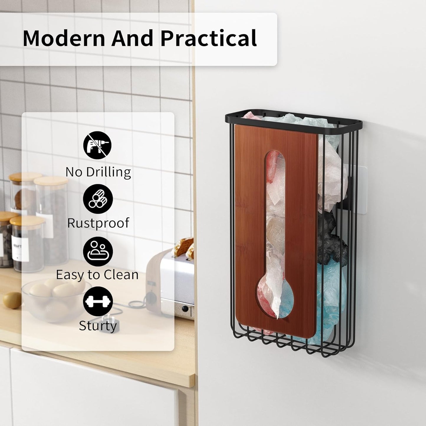 Plastic Grocery Bag Holder - Extra Large Trash Bag Dispenser Wall Mount with Mounting Accessories - Walnut Black Reusable Bags Storage Organizer for Kitchen, under Sink, Pantry, Garage