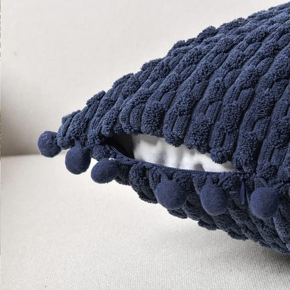 Set of 2 Navy Blue Decorative Throw Pillow Covers 18X18 Inch with Pom-Poms for Couch Bedroom Living Room, Modern Farmhouse Boho Home Decor, Soft Plush Corduroy Cute Cushion Case 45X45 Cm