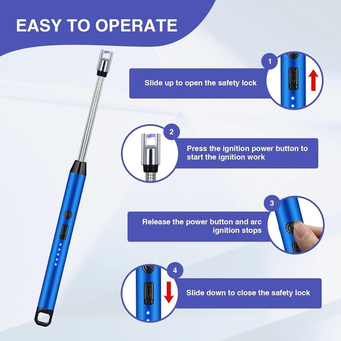 2 PCS Candle Lighter, Electric Lighter Arc Windproof Flameless with 360° Flexible Neck & LED Power Display, Lighters for Candle for BBQ, Grill, Camping, Fireplace, Stove(Blue)