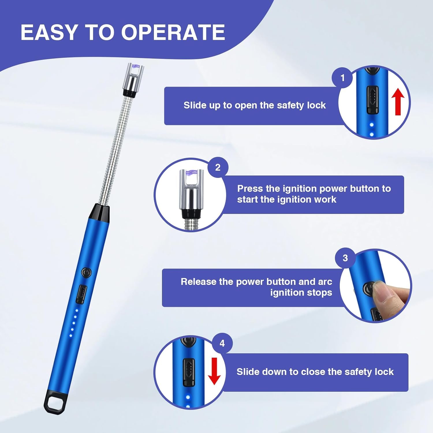 2 PCS Candle Lighter, Electric Lighter Arc Windproof Flameless with 360° Flexible Neck & LED Power Display, Lighters for Candle for BBQ, Grill, Camping, Fireplace, Stove(Blue)