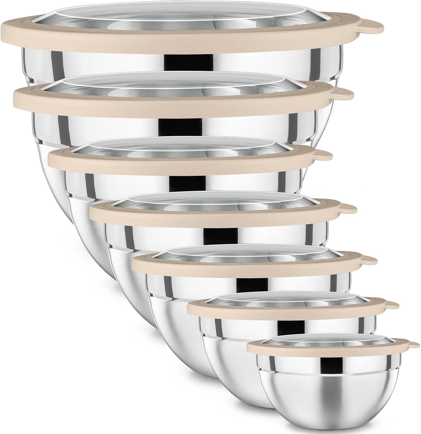 Mixing Bowl with Lid Set of 7, Stainless Steel Nesting Salad Bowls for Cooking Serving Prepping, Clear Lids & Stackable Design, Size 4.6, 3.5, 3, 2, 1.5, 1, 0.7 Qt - Khaki