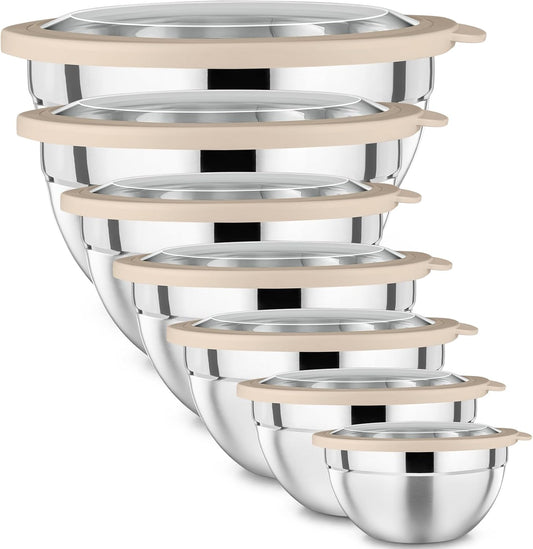 Mixing Bowl with Lid Set of 7, Stainless Steel Nesting Salad Bowls for Cooking Serving Prepping, Clear Lids & Stackable Design, Size 4.6, 3.5, 3, 2, 1.5, 1, 0.7 Qt - Khaki