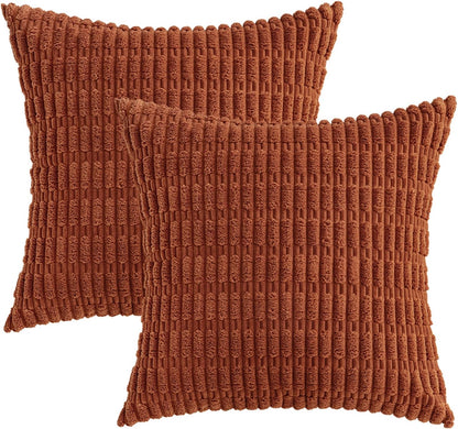 Pack of 2 Dark Rust Corduroy Decorative Fall Pillow Covers 18X18 Inch Soft Boho Striped Throw Pillow Covers Modern Farmhouse Home Decor for Summer Sofa Living Room Couch Bed