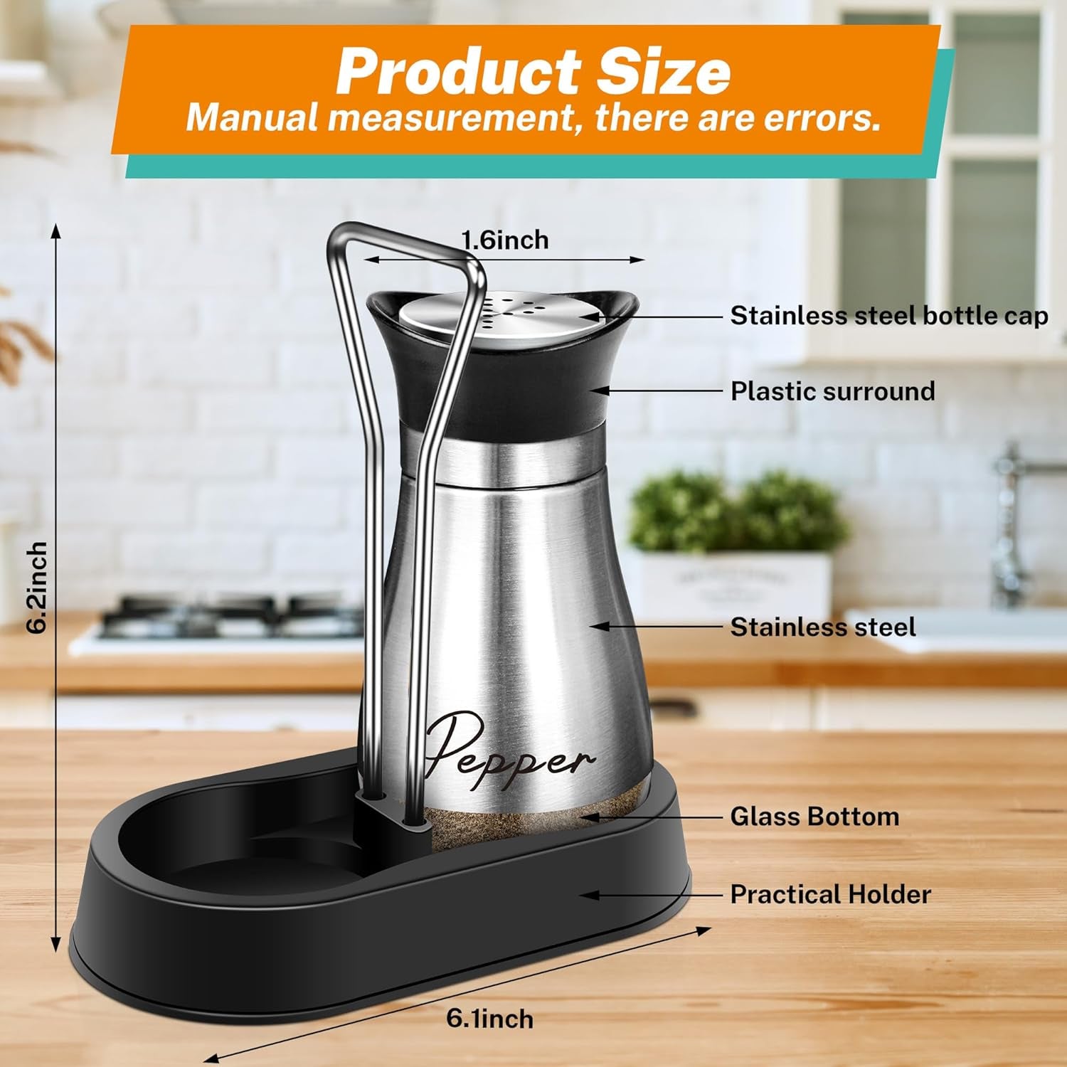 Salt and Pepper Shakers Set with Holder,4 Oz Stainless Steel Salt Shaker with Glass Bottom Kitchen Gadgets for Counter Modern Decor Table,Rv,Camp,Bbq Refillable Design (Silver)