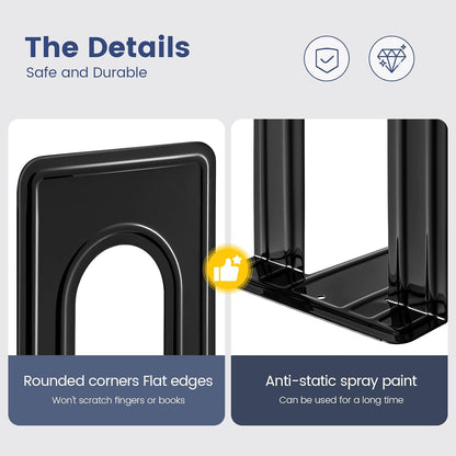 Book Ends, Metal Bookends for Shelves, Non-Skid Book End to Hold Books, Black Book Stopper/Holder for Office Home Kitchen, 5.7X 4.9 X 6.5 In, 3 Pair(6 Pcs, Large)