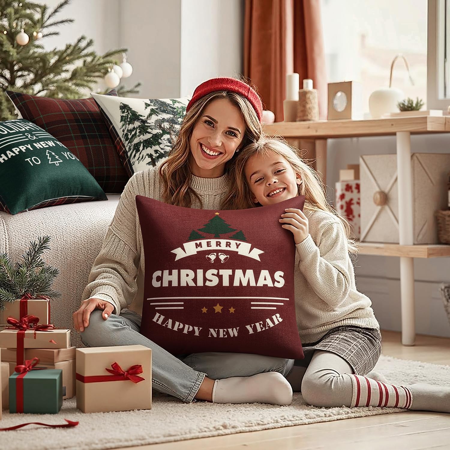 Christmas Tree Reindeer Wreath Pillow Covers Red and Green Plaid Throw Pillow Covers Set of 4 Winter Holiday Cushion Case Decoration Farmhouse Modern for Sofa Couch Home Decor,18X18 Inch