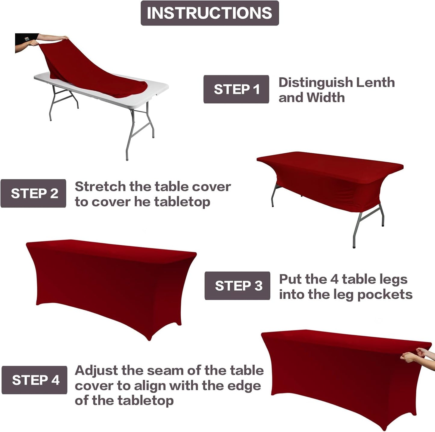 2 Pack 6FT Table Cloth for Rectangular Fitted Events Stretch Burgundy Table Covers Washable Spandex Tablecloth Protector for Party, Wedding, Cocktail, Banquet, Festival