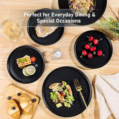 Matte Black Stoneware Dinnerware Set for 6 - Chip and Scratch Resistant, Dishwasher, Microwave, and Oven Safe with Reactive Glaze