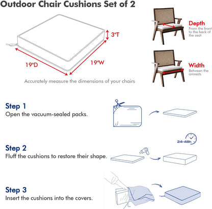 Outdoor Chair Cushions Set of 2, 19 x 19 x 3 Inch Waterproof Seat Cushions for Patio Furniture, Beige with Ties