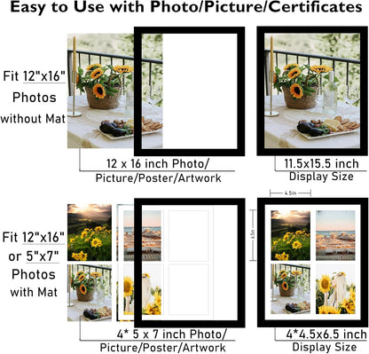 12X16 Picture Frame, 5X7 Collage Frame, Display 4 Pcs 5X7 Photos or 12X16 Picture, Four Opening Collage for Wall Hanging, Lightweight Multi Frame, Black